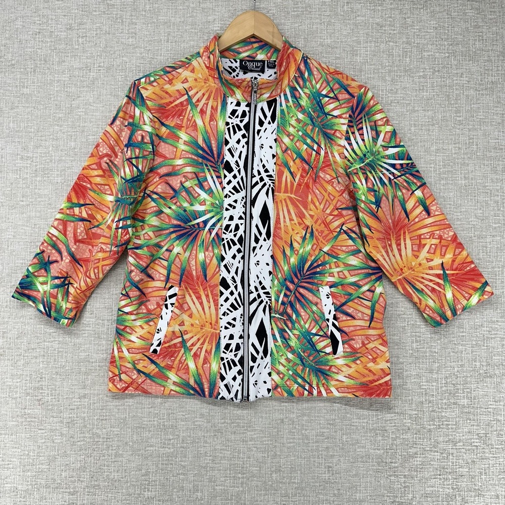 Onque Casual Jacket Womens PXL Orange Tropical Palm Zip‎ 3/4 Sleeve Rhinestone